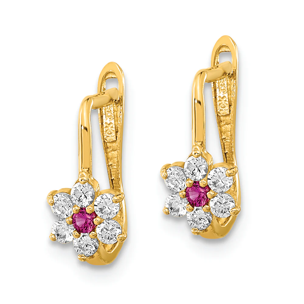 Aretes Aros de Flores con CZ Rojos y Blancos Pulidos de 14K - Image 2