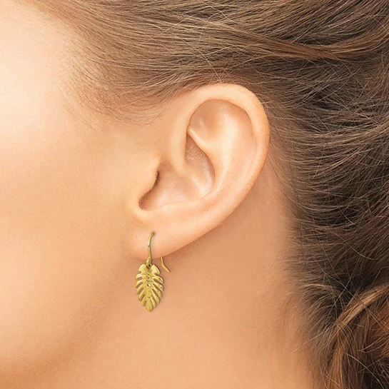 Aretes Colgantes de Hoja de Palma Pulidos de 14K - Image 4