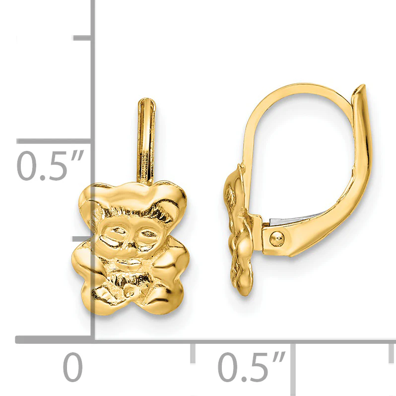 Pendientes de Osito de Peluche Madi K de Oro de 14k con Acabado Pulido y Cierre Enganche - Image 2