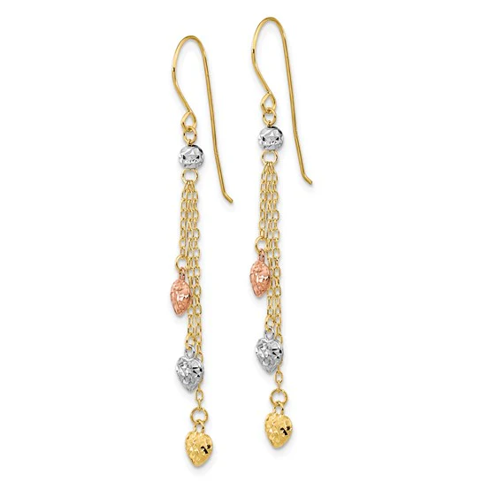 Aretes Colgantes de Triple Corazón en Oro de 14k Tricolor con Corte Diamante y Gancho Pastor - Image 3