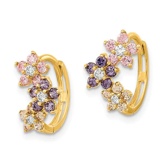 Aretes de Aro con Bisagra y Flores Multicolor de Circonia Cúbica en Oro de 14K – Madi K - Image 2