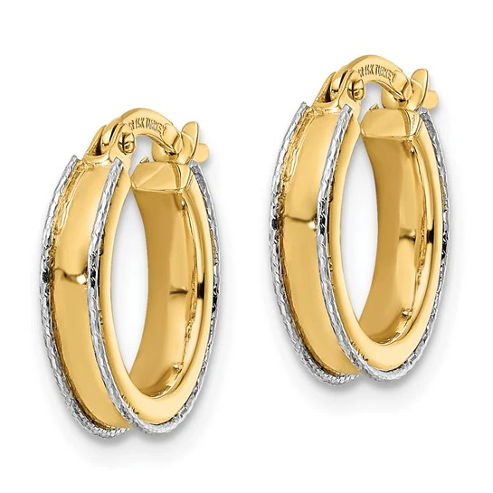 Aretes Redondos de Oro Bicolor de 14k con Borde de Corte Diamante (3x14mm) - Image 2