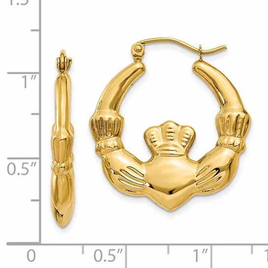 Aretes de Aro Claddagh en Oro Amarillo de 14k Pulido - Image 3