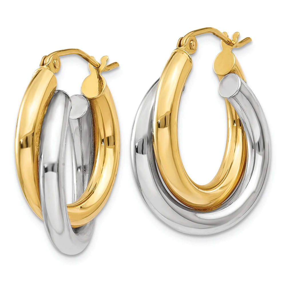 Aretes de Aro Doble Tubo Pulido en Oro Bicolor de 14k