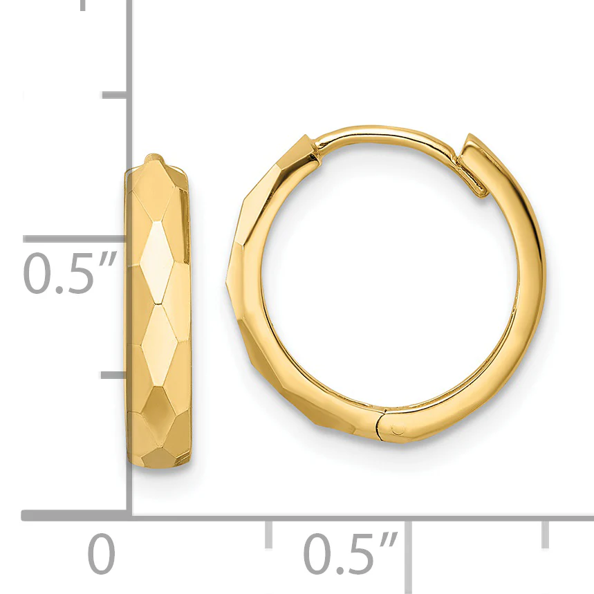 Pendientes de Aro con Bisagra en Oro Amarillo de 14k Facetado Pulido de 3x15mm - Image 3