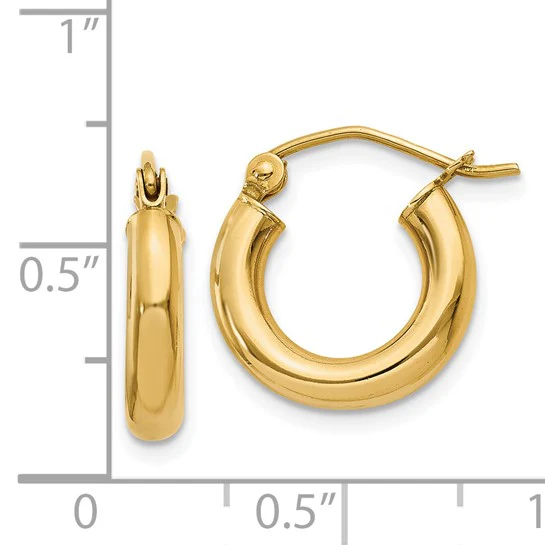 Pendientes de Aro Tubo Livianos Pulidos de Oro Amarillo de 14K de 3 mm - Image 3