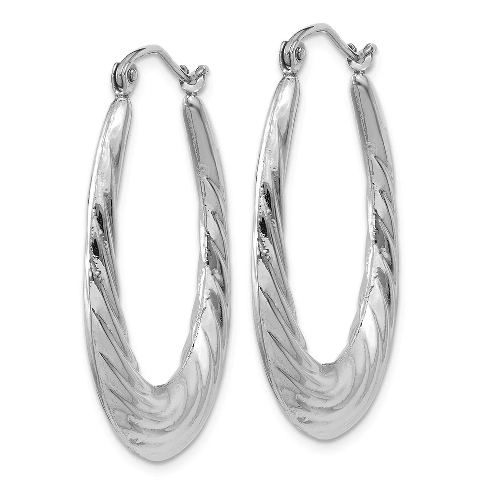 Aretes de Argolla Ovalados Texturizados y Pulidos en Oro Blanco de 14k - Image 2