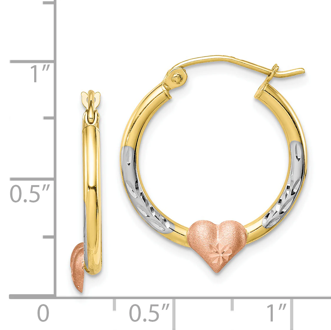 Aretes de Aro en Forma de Corazón con Acabado Diamantado en Oro Bicolor de 10K y Rodio Blanco - Image 2