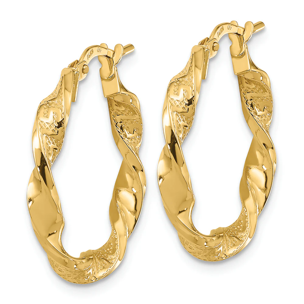 Pendientes de Aro Retorcidos Texturizados y Pulidos de Oro Amarillo de 14K de 3 mm - Image 2