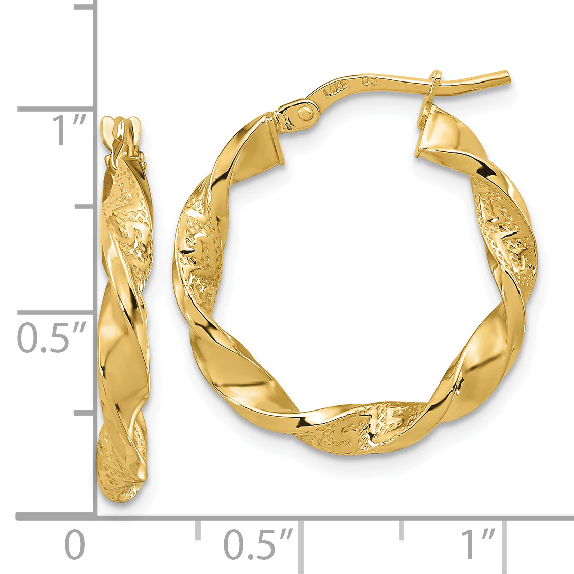 Pendientes de Aro Retorcidos Texturizados y Pulidos de Oro Amarillo de 14K de 3 mm - Image 3