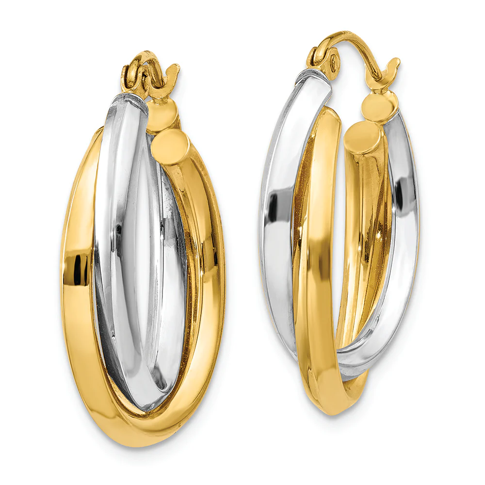 Pendientes de Aro Doble Ovalado Pulido en Oro de 14k Bicolor - Image 2