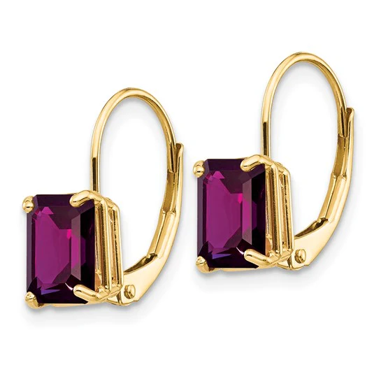 Pendientes de Oro Amarillo de 14k con Amatista Corte Esmeralda de 7x5mm y Cierre Leve Back - Image 2