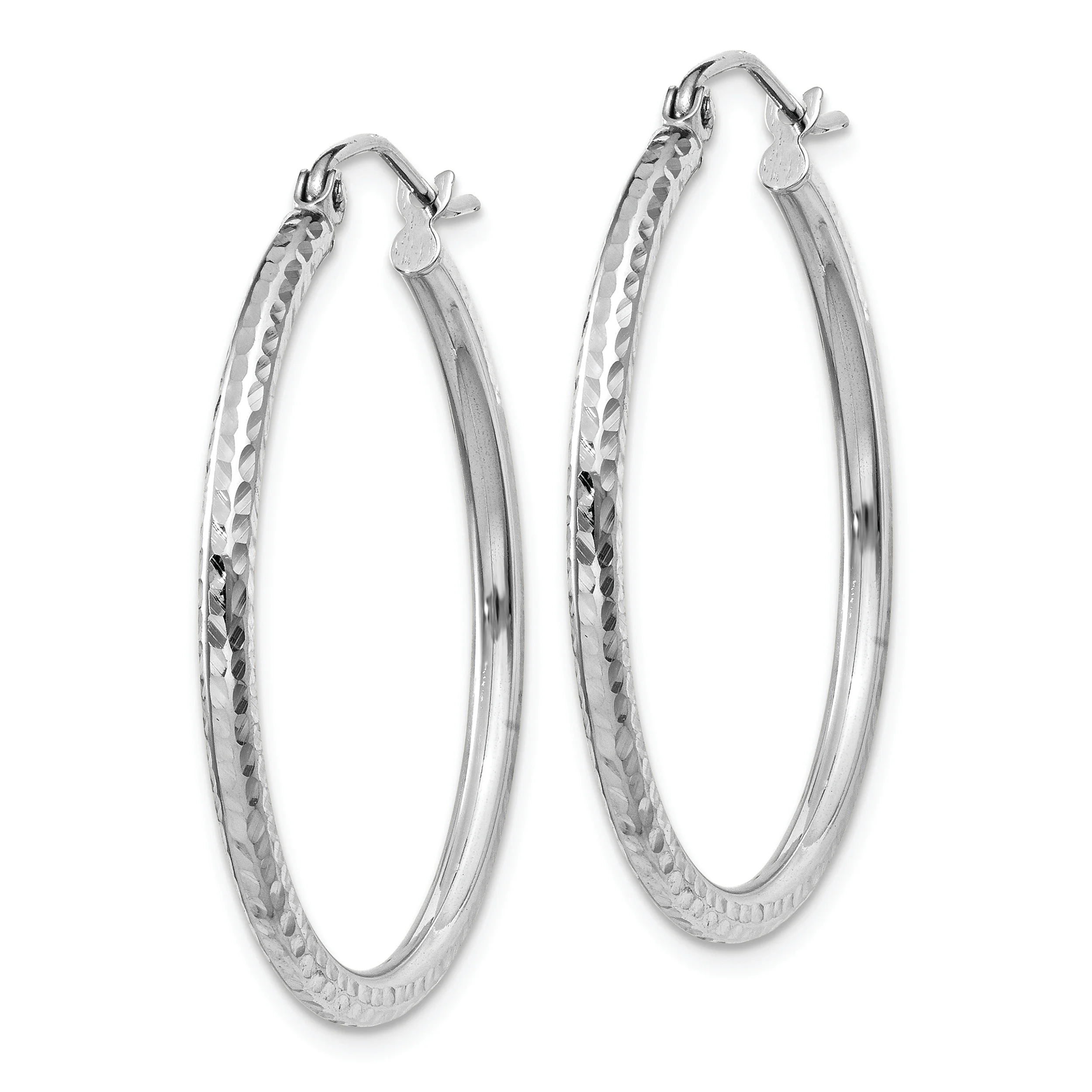Aros de Tubo Redondo con Corte Diamante en Oro Blanco de 14k (2mm x 30mm) - Image 2