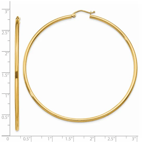 Pendientes de Aro Tubo Livianos Pulidos de Oro Amarillo de 14K de 2x65 mm - Image 3