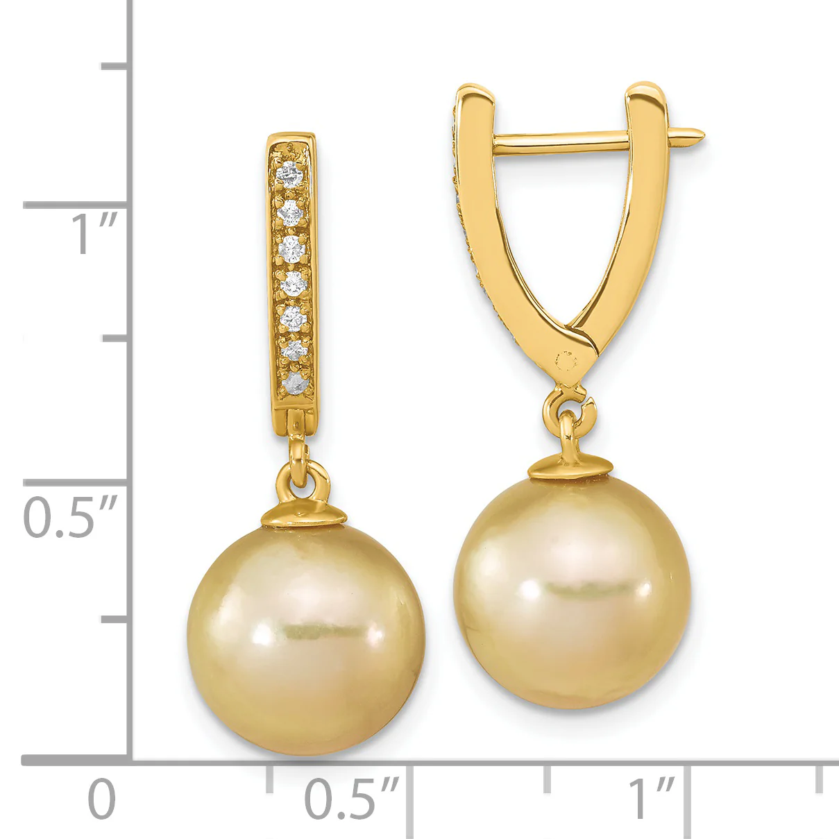 Aretes Colgantes con Perla Cultivada de Mar del Sur Dorada de 10-11 mm y Diamante de 0.105 Quilates en Oro Amarillo de 14k - Image 3