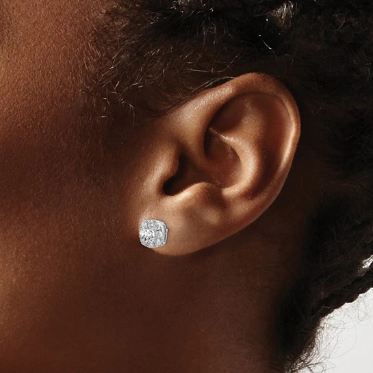Pendientes de Botón en Oro Blanco de 14k con Diamantes de Labor, 1 ct, VS/SI+ G+, Halo de Cojín Completo - Image 3