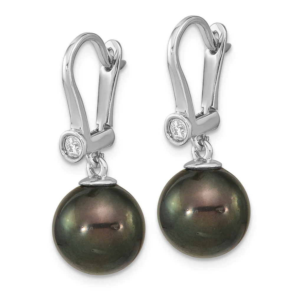 Pendientes Colgantes de Oro Blanco de 14k con Perlas Tahitianas Negras Redondas de 9-10mm y Diamante de 0.10 Quilates - Image 2