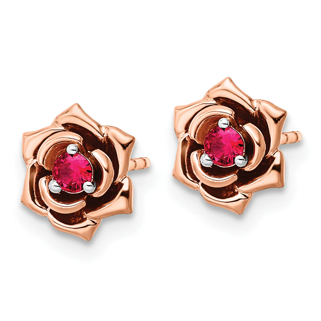 Pendientes de Botón en Oro Bicolor Blanco y Rosa con Rubí en Forma de Flor de 14k - Image 2