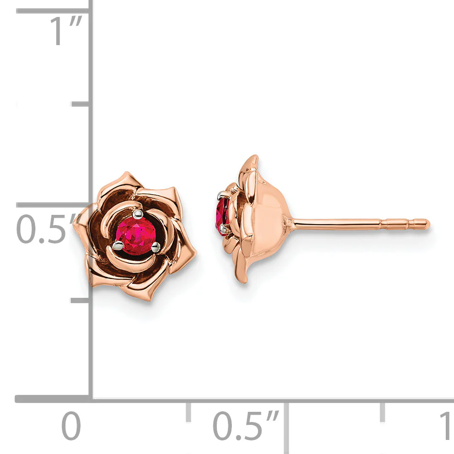 Pendientes de Botón en Oro Bicolor Blanco y Rosa con Rubí en Forma de Flor de 14k - Image 3