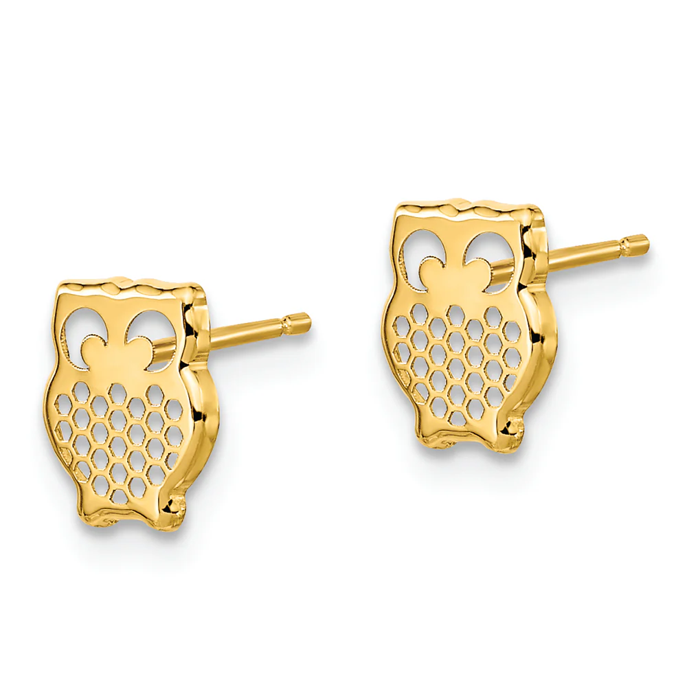Pendientes Post con Búho Texturizado en Oro Amarillo de 14k - Image 2