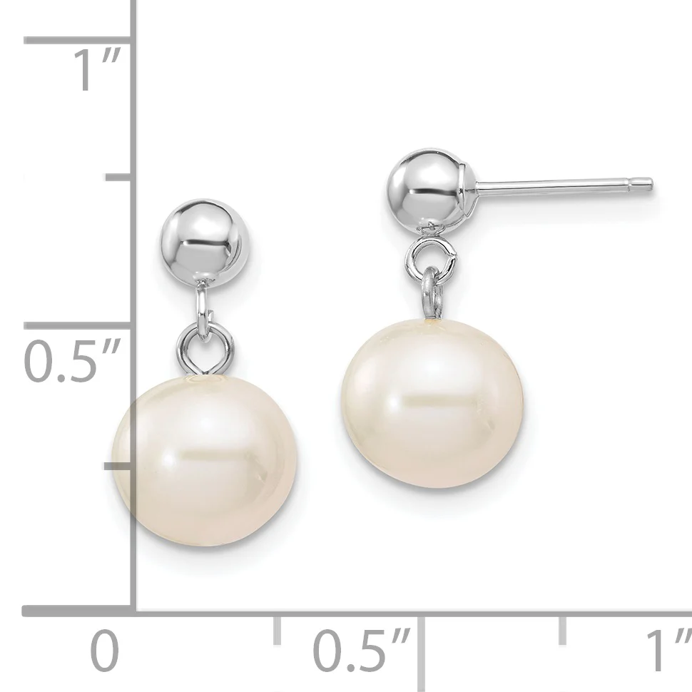 Pendientes Colgantes con Perlas Cultivadas de Agua Dulce Redondas Blancas de 8-8.5 mm en Oro Blanco de 14k con Cierre de Poste y Presión - Image 2