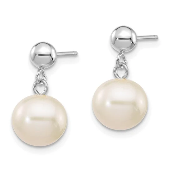 Pendientes Colgantes con Perlas Cultivadas de Agua Dulce Redondas Blancas de 8-8.5 mm en Oro Blanco de 14k con Cierre de Poste y Presión - Image 3