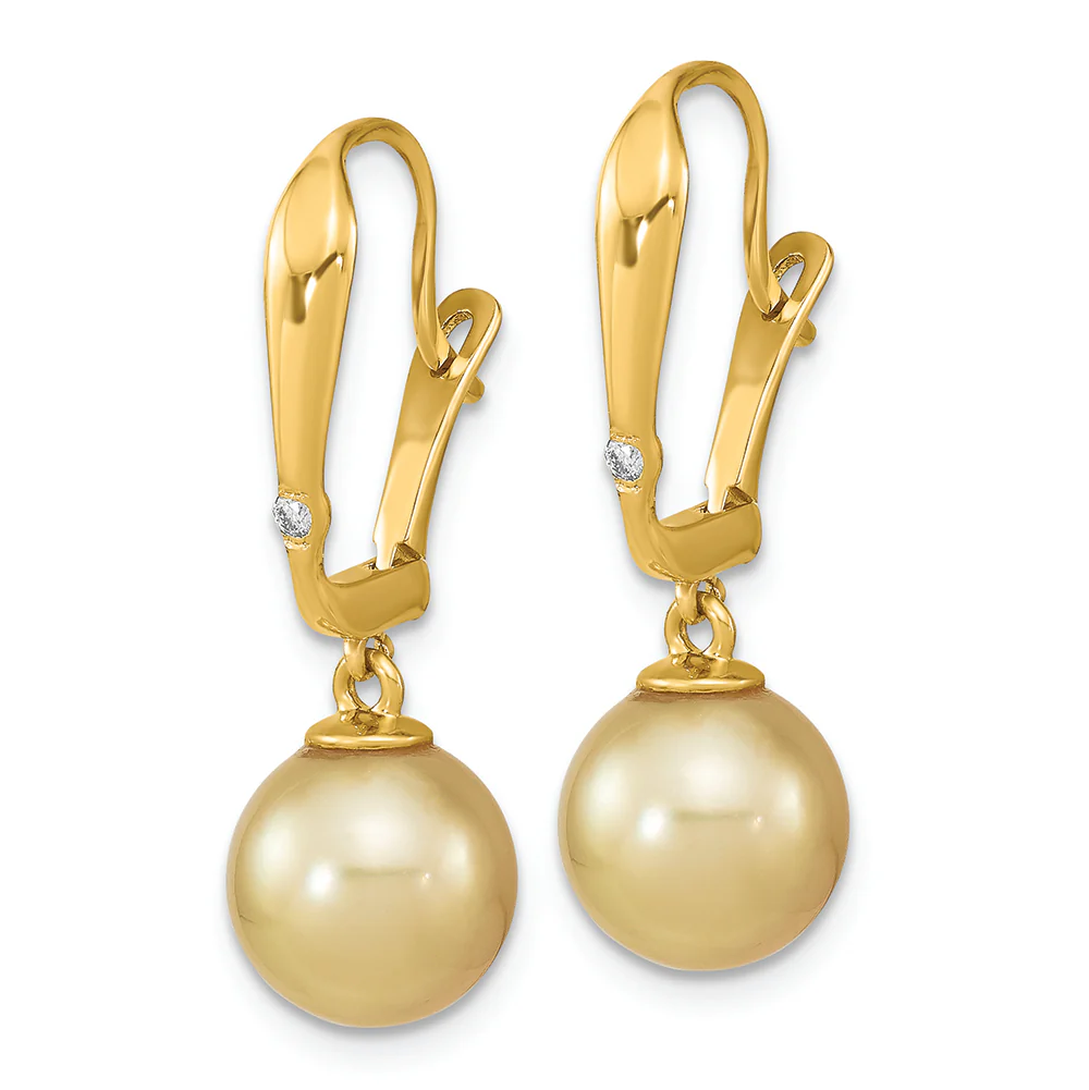 Pendientes de Palanca con Perlas Doradas del Mar del Sur de 9-10 mm y Diamantes de 0.02 Quilates en Oro Amarillo de 14k - Image 2