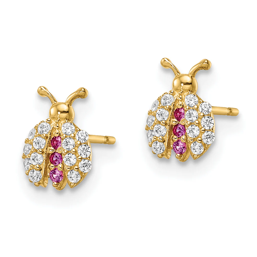Pendientes de Botón en Oro Amarillo de 14k con Circonias Rojas y Claras en Forma de Mariquita (Madi K) - Image 2