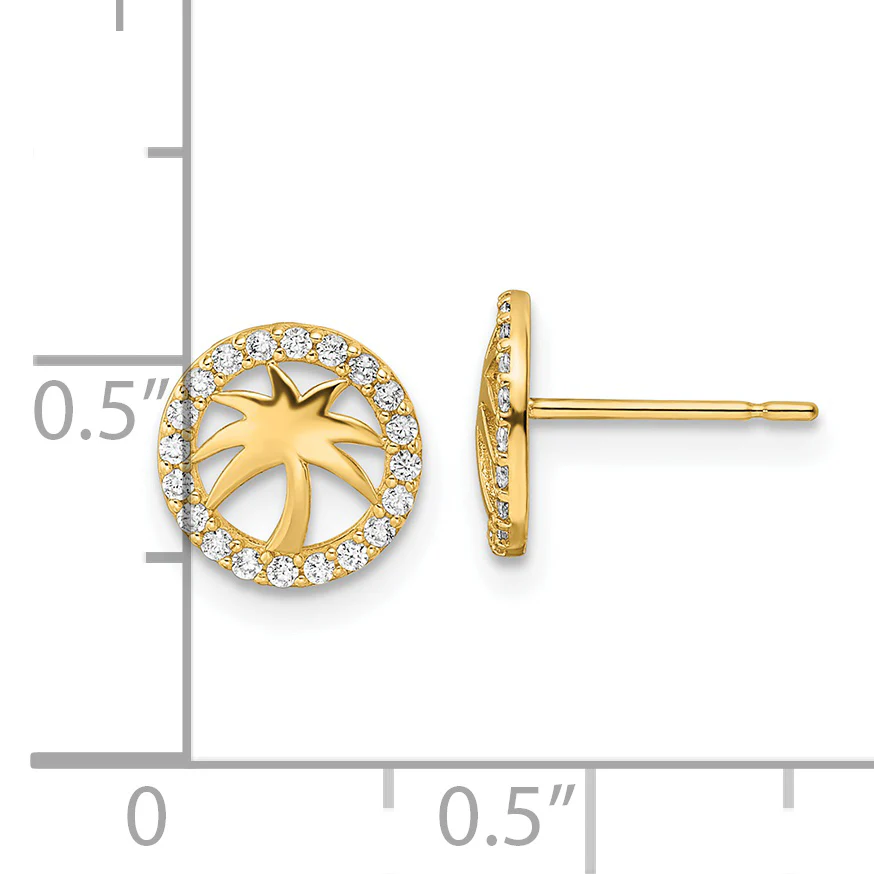 Pendientes de Botón con Árbol de Palma y Circonia Cúbica (CZ) en Oro de 14k - Image 3