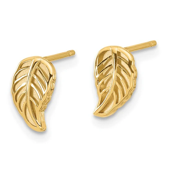 Pendientes de Botón de Oro Bicolor de 14k en Forma de Hoja - Image 3