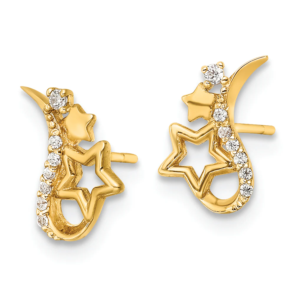 Pendientes de Botón de Oro Amarillo de 14k Pulido con Estrellas y Circonitas Cúbicas (CZ) - Image 2