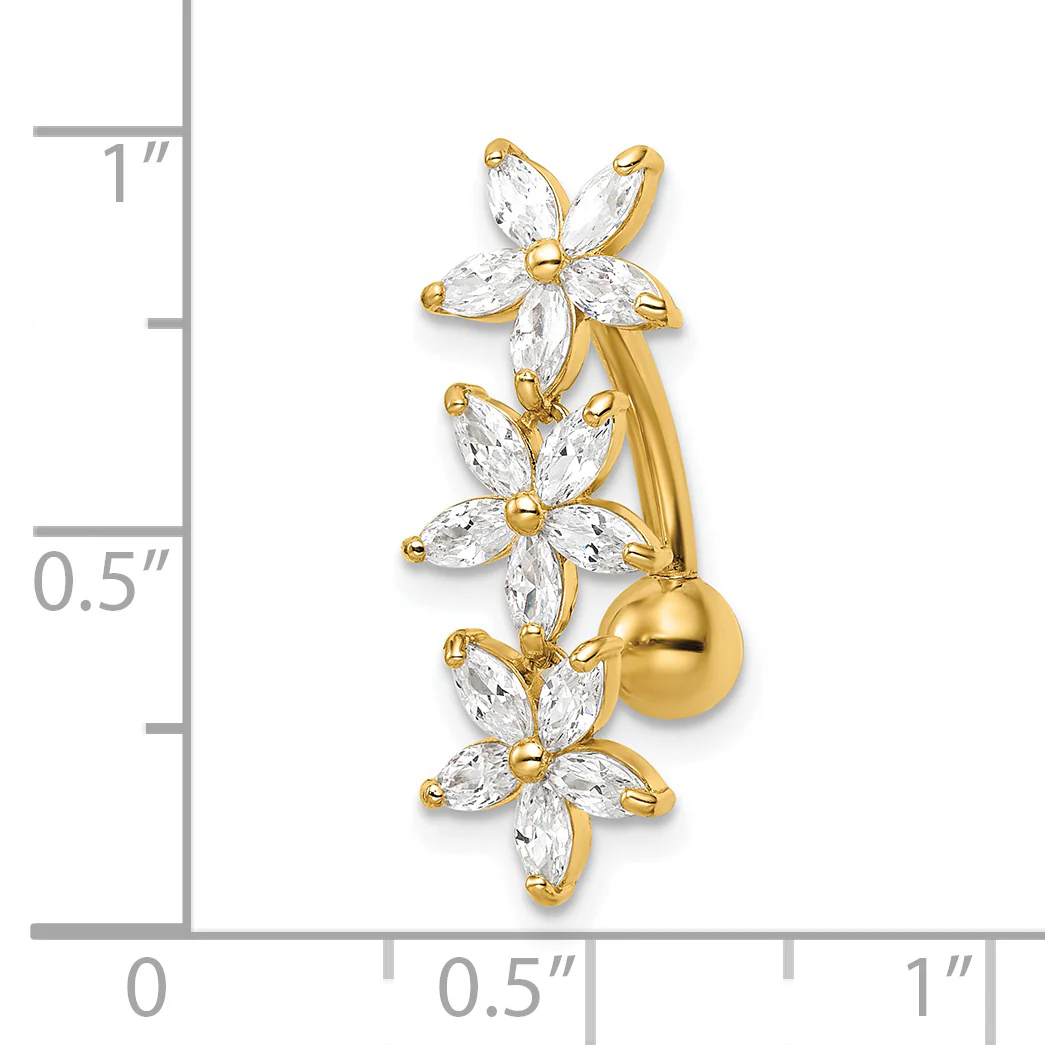 Anillo para Ombligo de 14k con 3 Flores de CZ (Cristales de Circonio) - Image 3