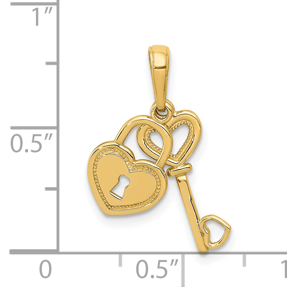 Colgante de Llave y Candado en Forma de Corazón Móvil de Oro Amarillo Pulido de 14K - Image 3
