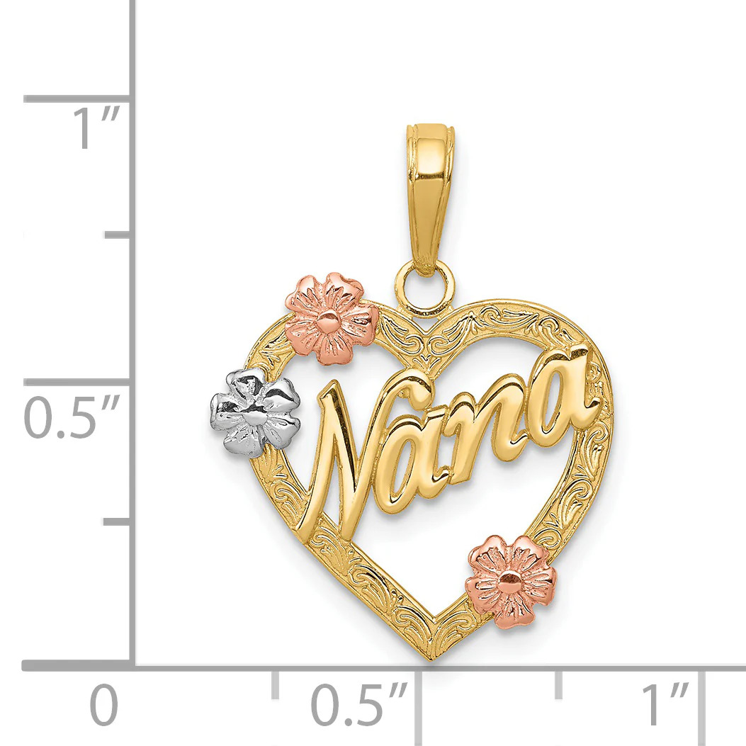 Colgante de Corazón con Flores "NANA" en Oro Tri-color de 14K - Image 3