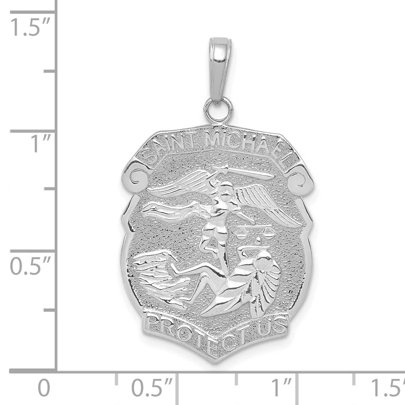 Medalla de San Miguel Protect Us Grande en Oro Blanco Pulido de 14k - Image 2