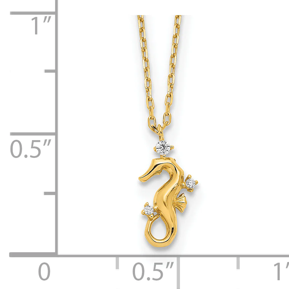 Collar Temático con Caballito de Mar en Oro Amarillo de 14k Pulido con CZ y Extensión de 1.25" - Image 3