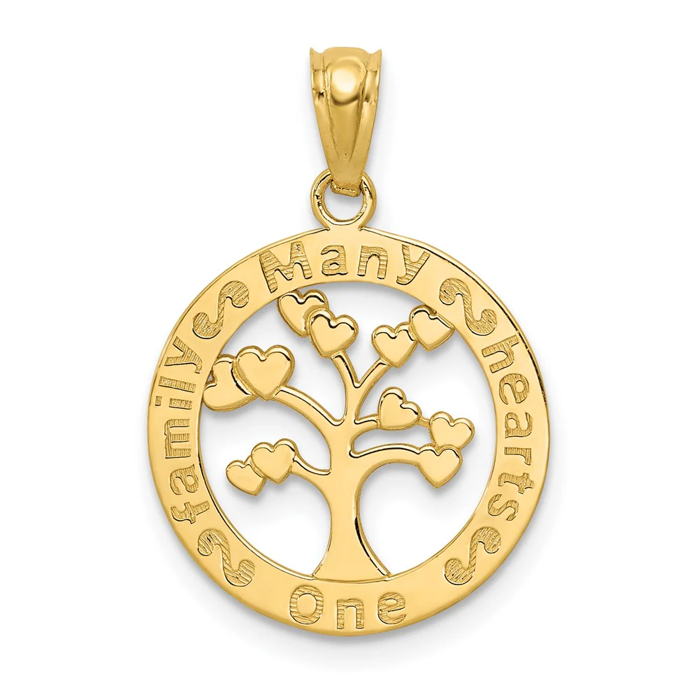 Colgante de Árbol "Una Familia Muchos Corazones" en Oro Pulido de 14K