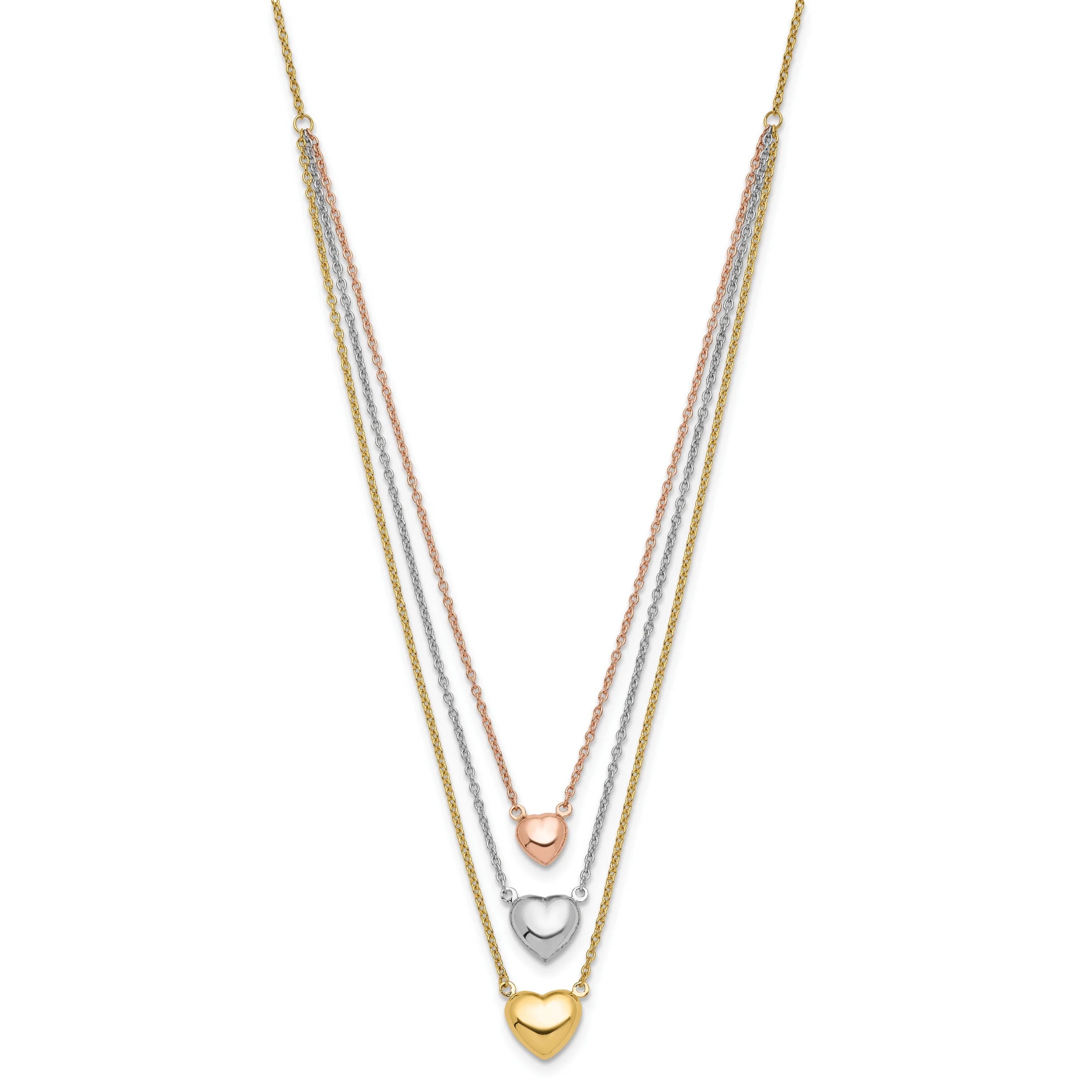 Collar de 14K Tricolor con Tres Corazones y Extensor de 1”Pulgada - Image 2