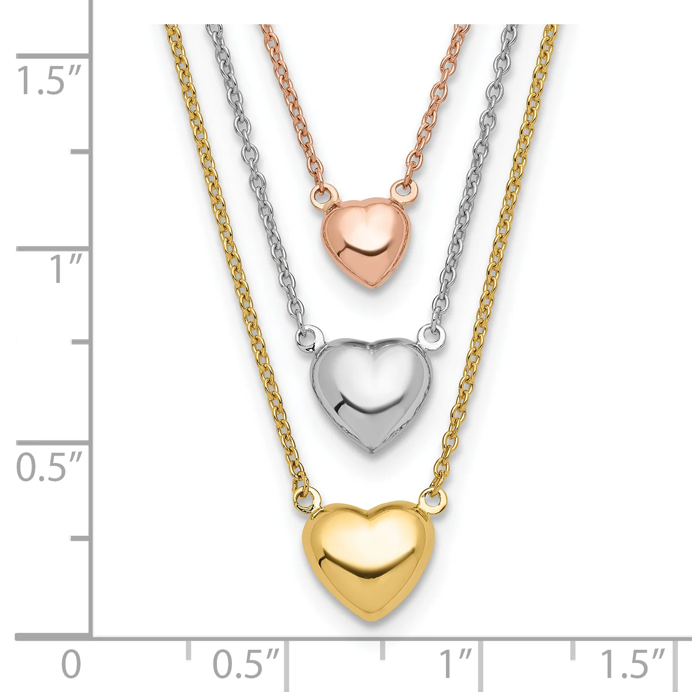 Collar de 14K Tricolor con Tres Corazones y Extensor de 1”Pulgada - Image 3