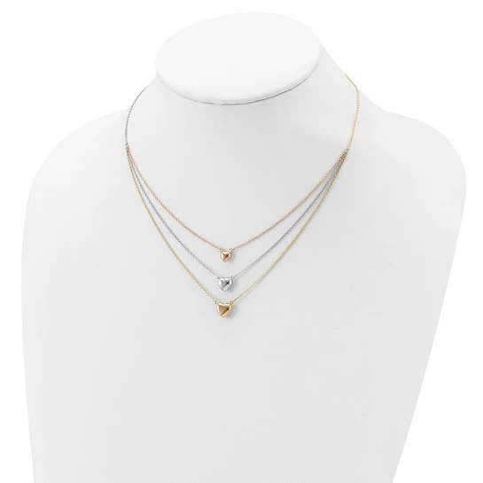 Collar de 14K Tricolor con Tres Corazones y Extensor de 1”Pulgada - Image 4