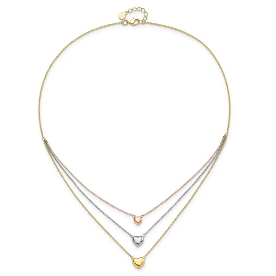 Collar de 14K Tricolor con Tres Corazones y Extensor de 1”Pulgada - Image 5
