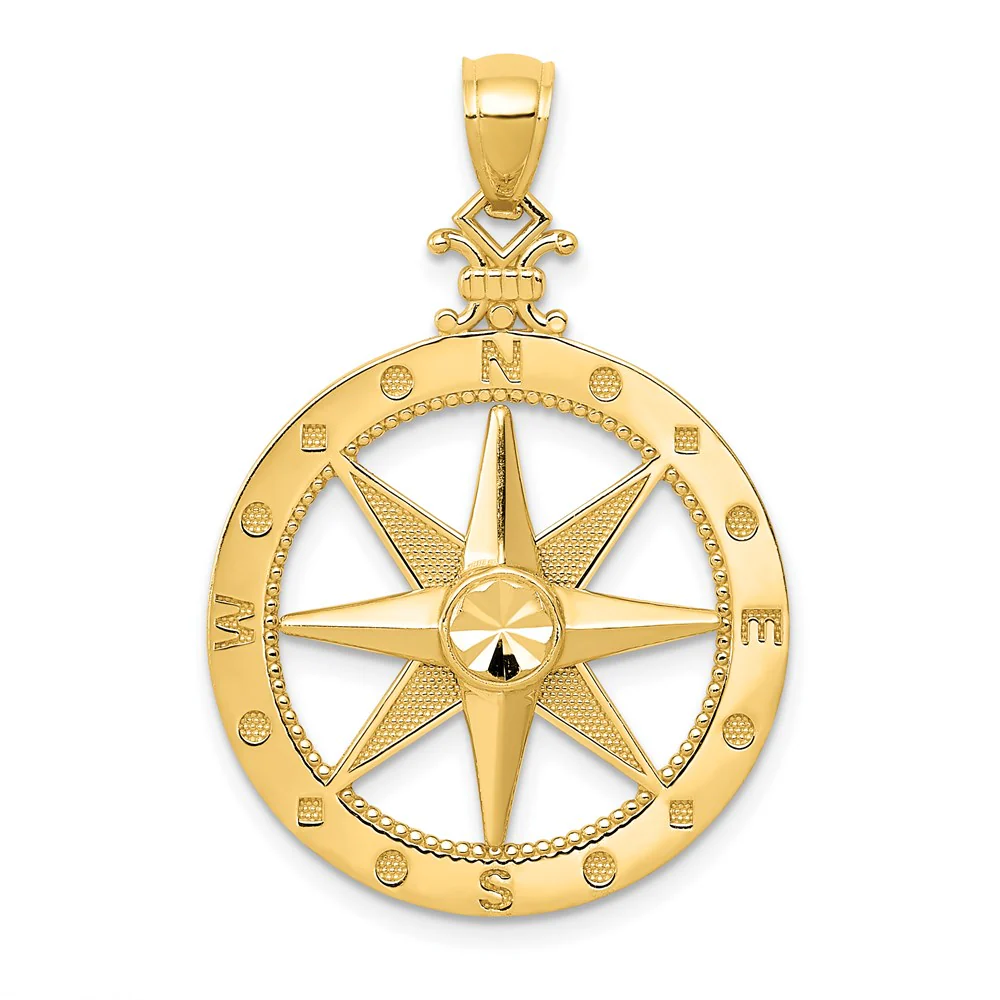 Colgante Brújula Pulido y Satinado con Corte Diamante en Oro Amarillo de 14K