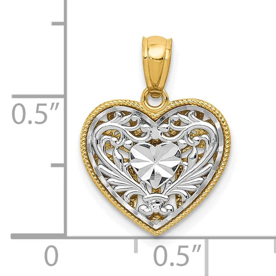 Colgante Reversible Corazón Pulido y Cortado en Diamante de 14K Dos Tonos - Image 4