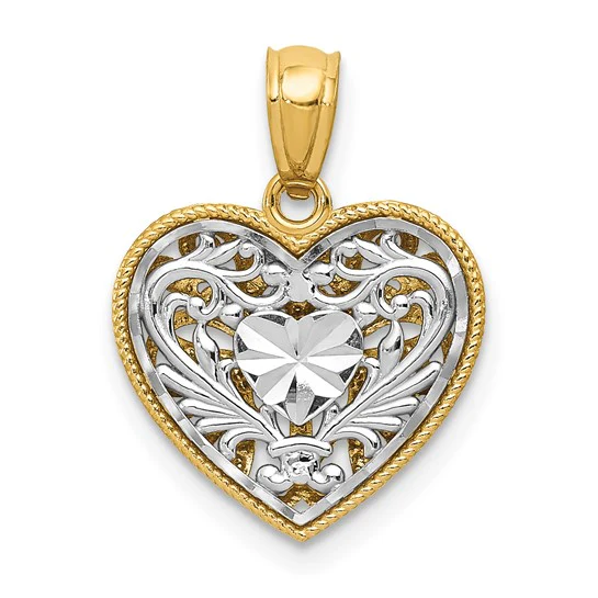 Colgante Reversible Corazón Pulido y Cortado en Diamante de 14K Dos Tonos - Image 5