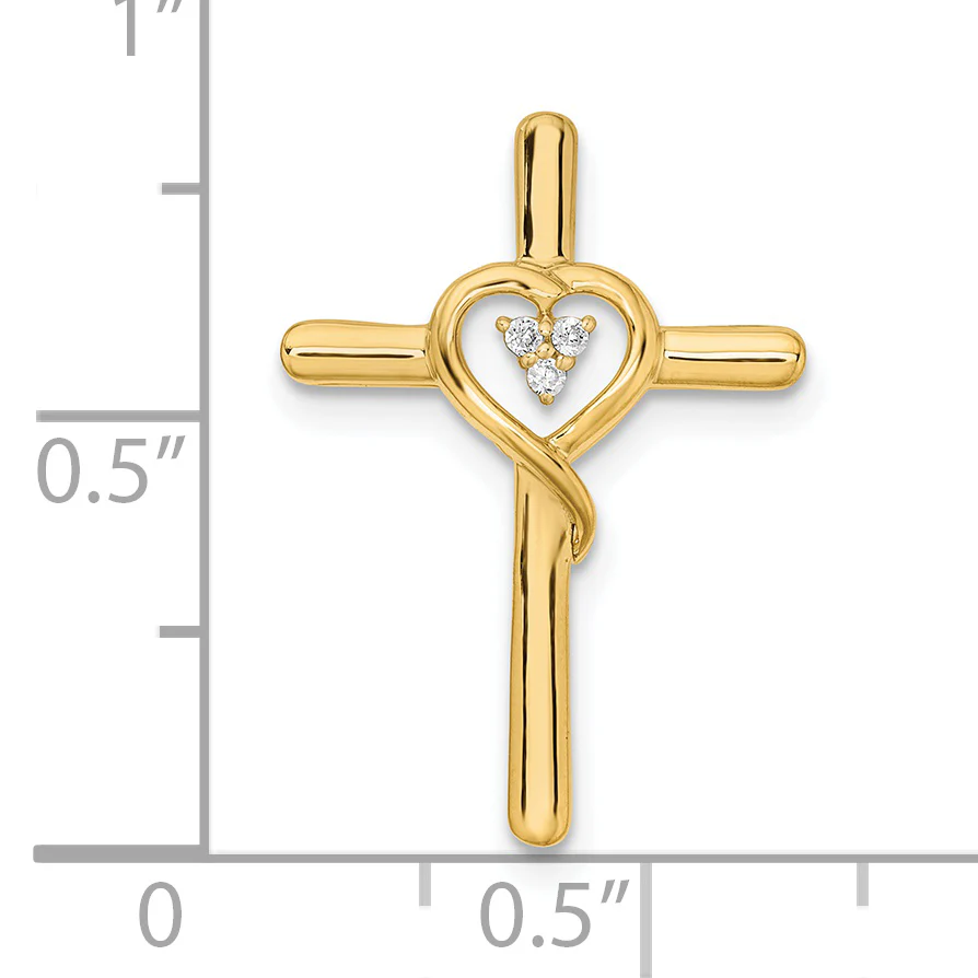Dije de Oro Amarillo de 14k en Forma de Cruz Pulida con Corazón y Diamantes para Cadena Deslizante - Image 3
