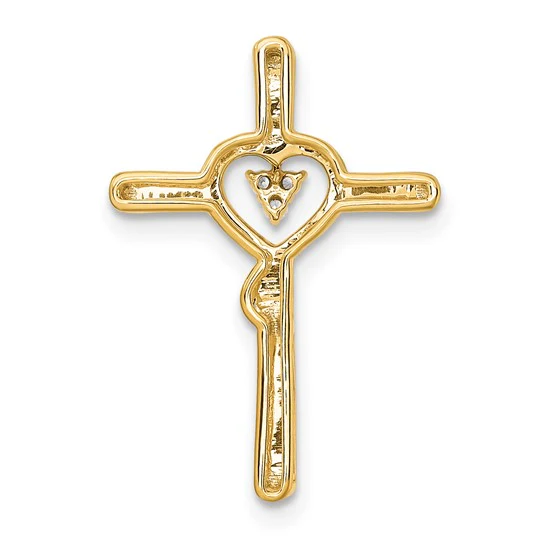 Dije de Oro Amarillo de 14k en Forma de Cruz Pulida con Corazón y Diamantes para Cadena Deslizante - Image 4