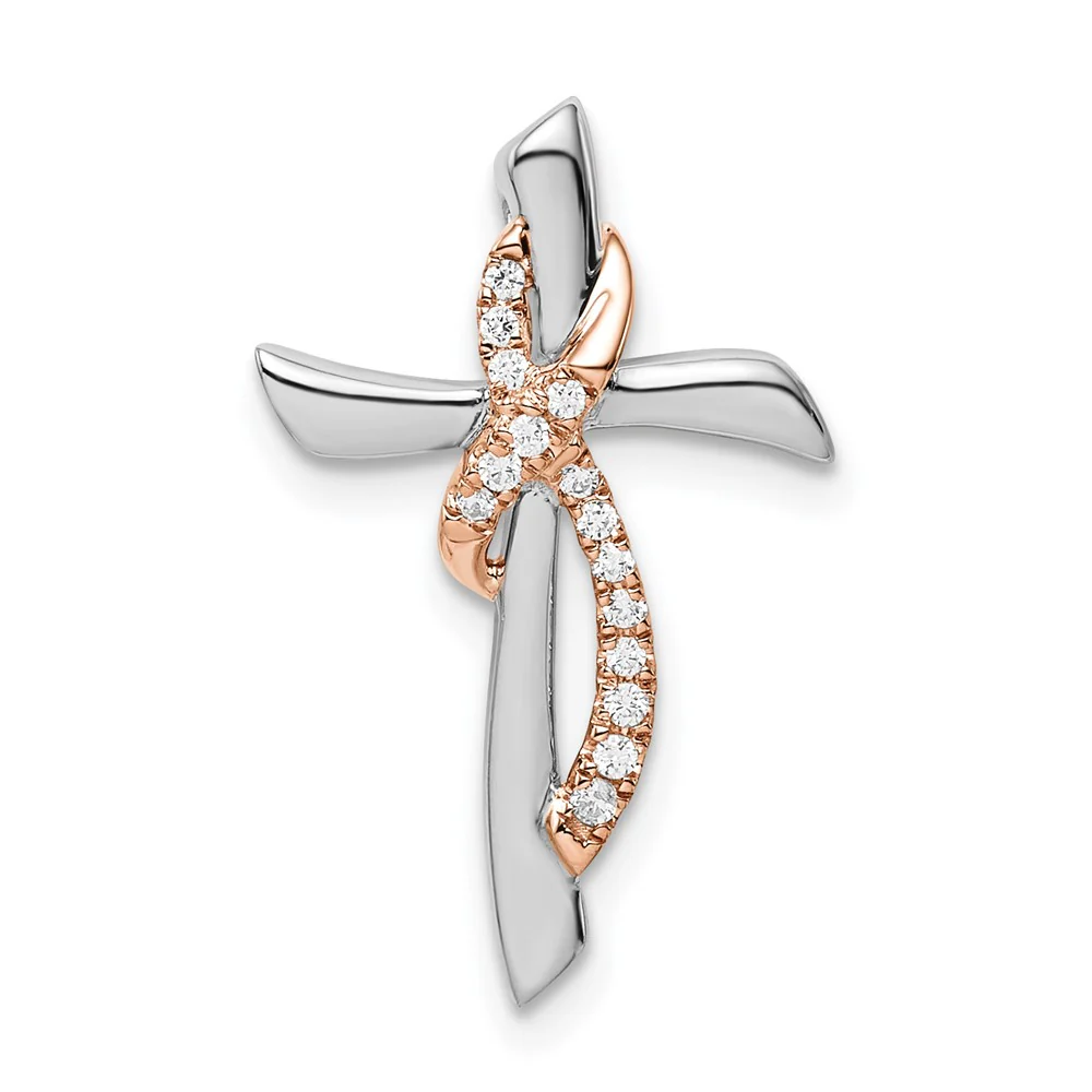 Dije de Cruz Bicolor (Blanco y Rosa) con Cinta y Diamantes en Oro de 14k para Cadena Deslizante