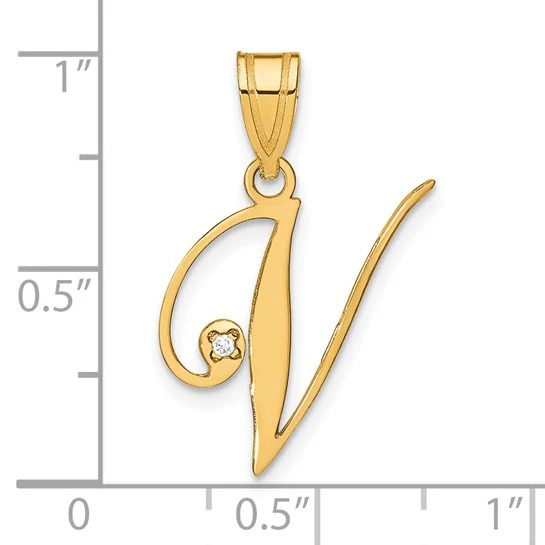 Dije de la Inicial "V" en Estilo Script con Diamante en Oro Amarillo de 14k - Image 4