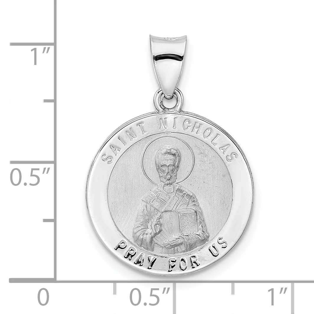 Medalla de San Nicolás de Oro Blanco de 14k Pulida y Satinada (Hueca) - Image 3