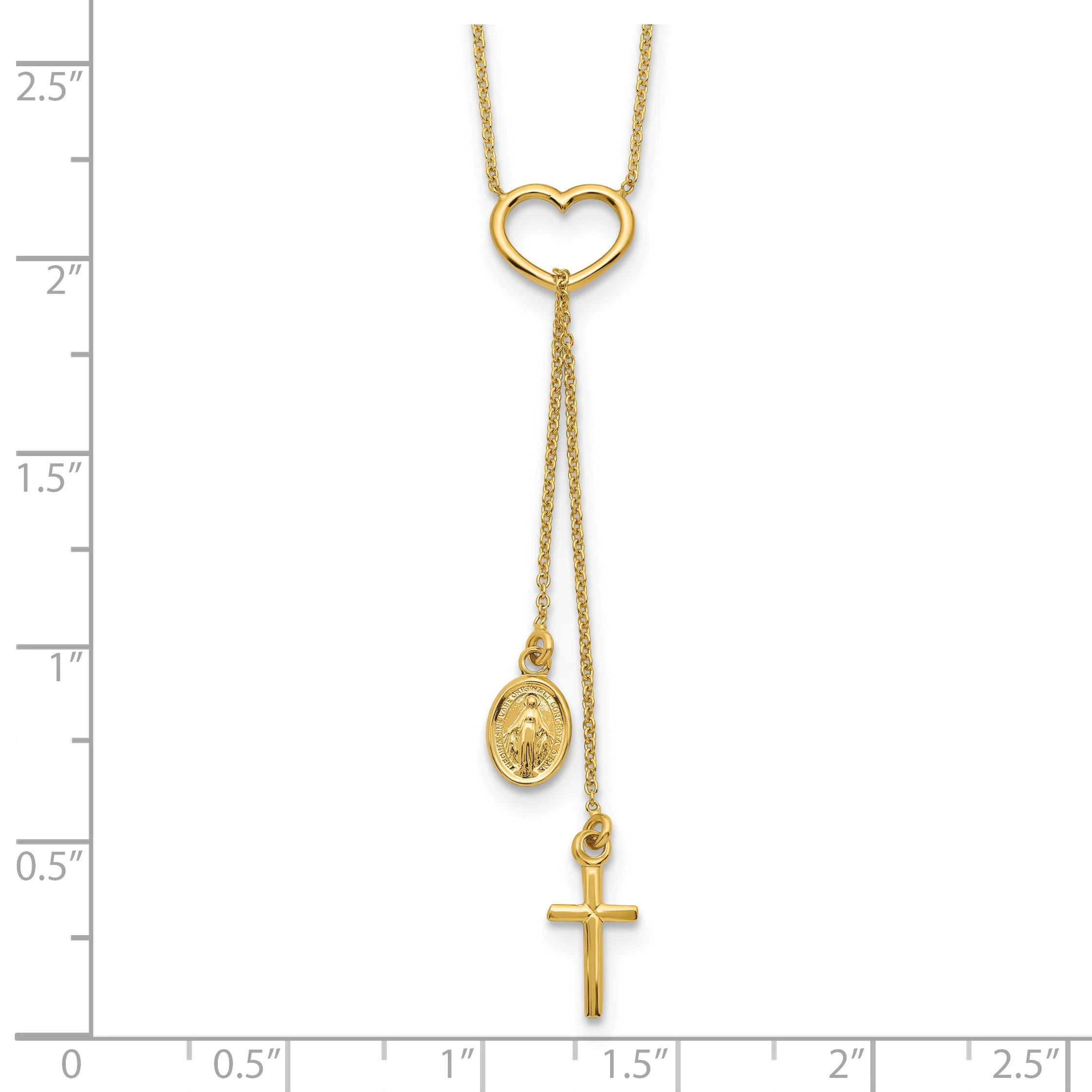 Collar en Oro Amarillo de 14K con Corazón Pulido, Cruz Colgante y Medalla Religiosa - Image 3